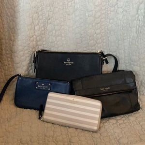 Small Kate Spade bags: ivory striped wallet, 2 black crossbody, & blue clutch